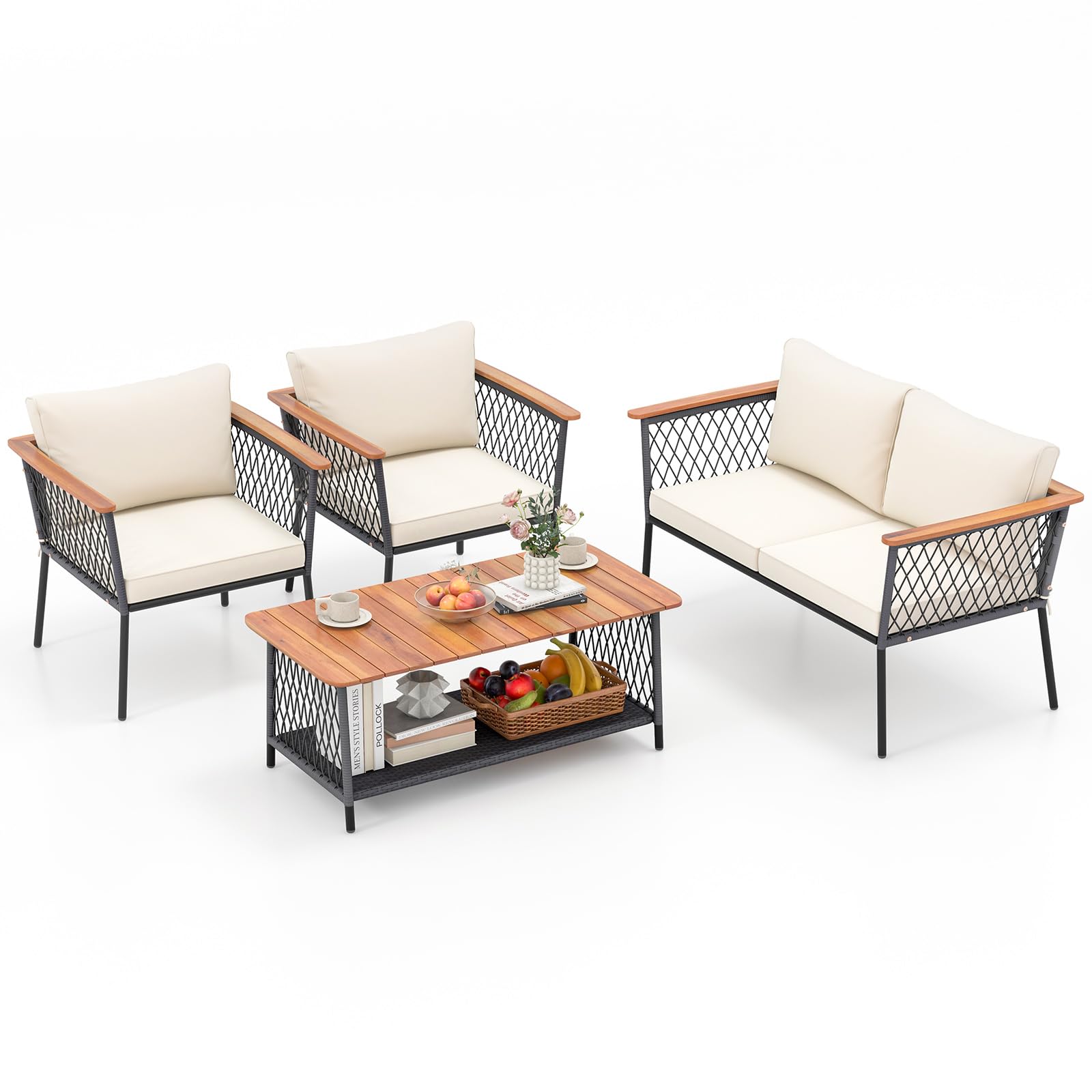 Tangkula Ensemble de mobilier de jardin 4 pièces, ensemble de chaises en rotin Patiojoy avec table basse à 2 niveaux